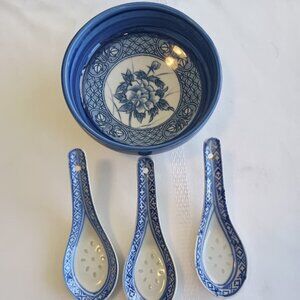 Blue and White Chinese Porcelain Bowl and Translucent Rice Grain Soup Spoons